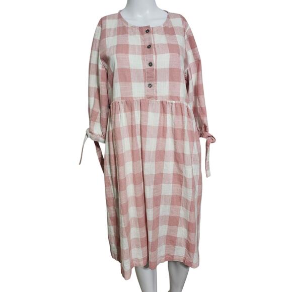 Hidden Alley Pink White Plaid Cottagecore Prairie Dress Short Tie Sleeve Maxi - Picture 5 of 10